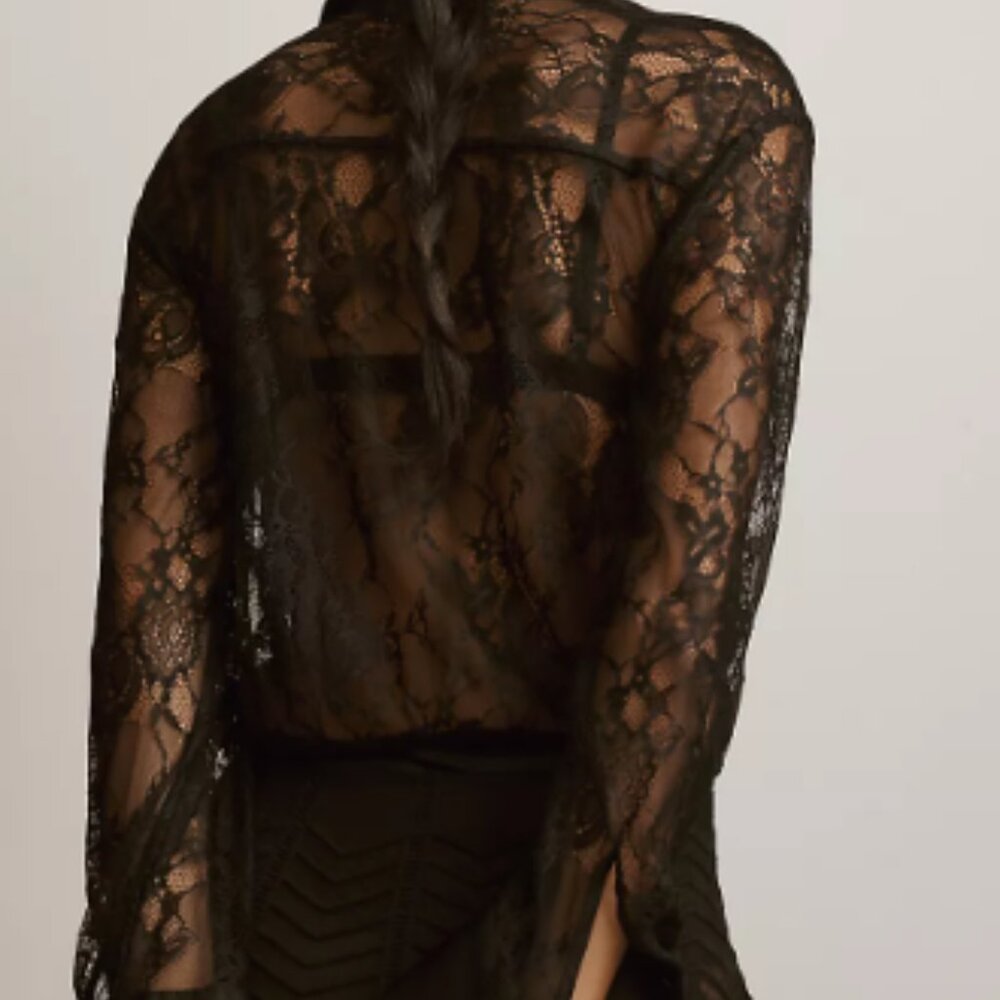 Anthropologie Black Lace Button Front Bodysuit Satin Trim Long Sleeve S - Picture 7 of 7